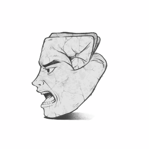 cartoon head of angry man juxtaposed on a clenched fist